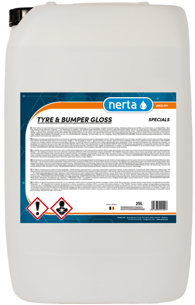 NERTA TYRE & BUMPER GLOSS é um produto concentrado para dar brilho a pneus e para-choques, à base de silicones.